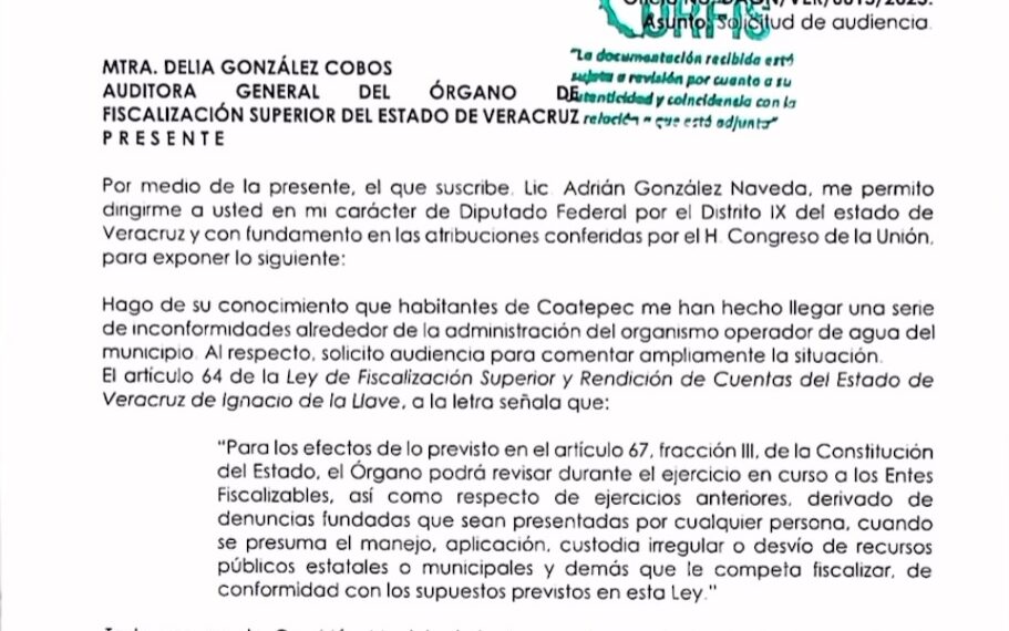 Diputado federal va por CMAS de Coatepec, ya solicitó auditoría al ORFIS