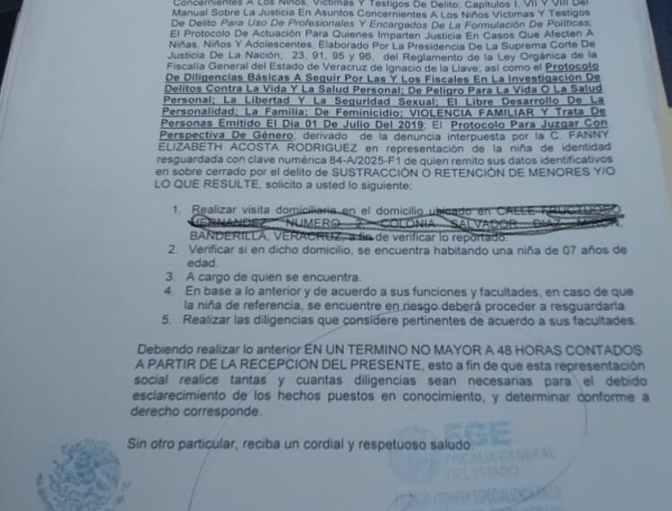 Madre denuncia sustracción de su hija en Banderilla; acusa a expareja y suegro de retenerla