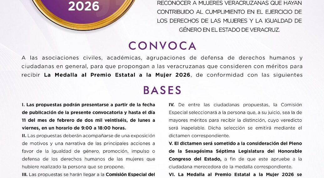 Presenta comisión especial Convocatoria al Premio Estatal a la Mujer 2026