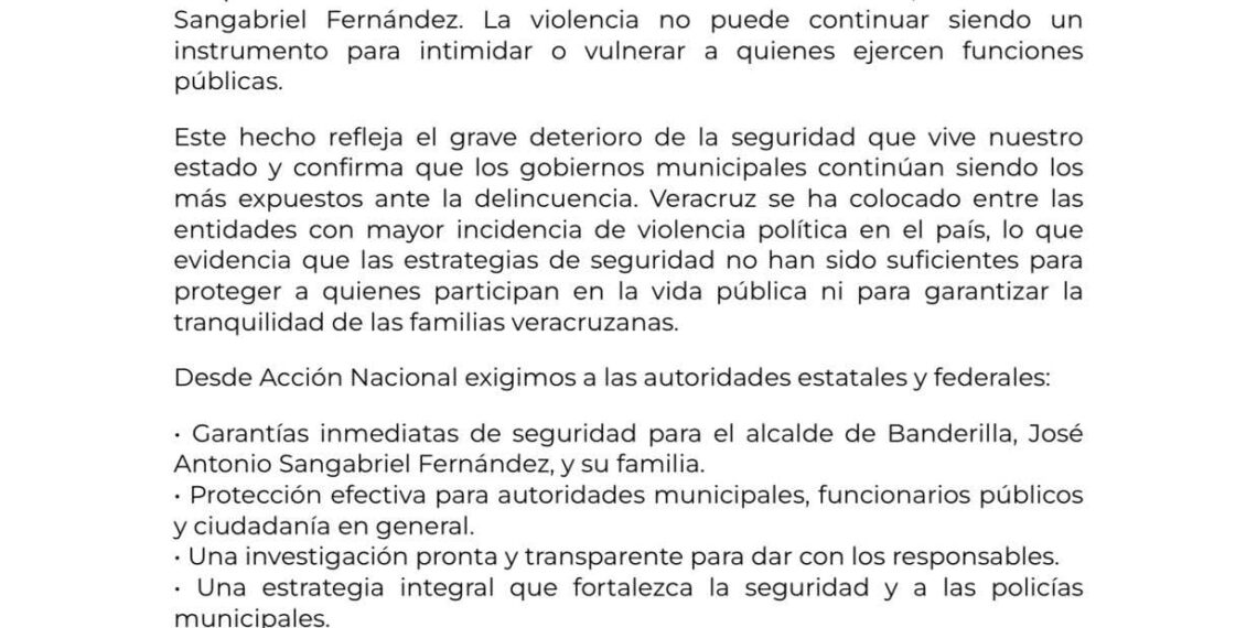 PAN Veracruz condena ataque armado contra domicilio del alcalde de Banderilla y exige seguridad inmediata