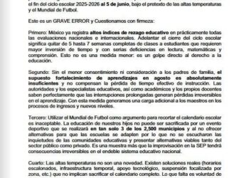 Rechaza Unión Nacional de Padres de Familia adelanto de clausura del ciclo escolar 2026