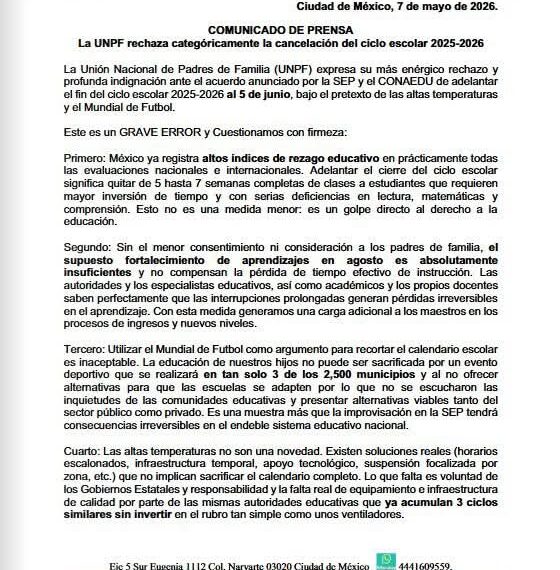 Rechaza Unión Nacional de Padres de Familia adelanto de clausura del ciclo escolar 2026